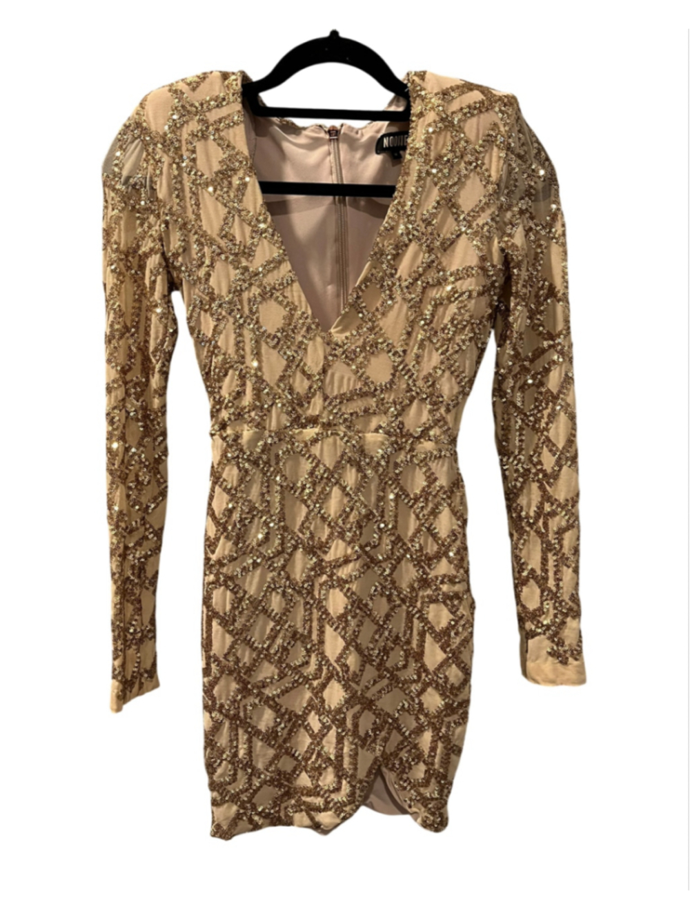 Revolve Nookie Veda Gold Sequin Plunge Mini Dress Long Sleeve Medium Bodycon